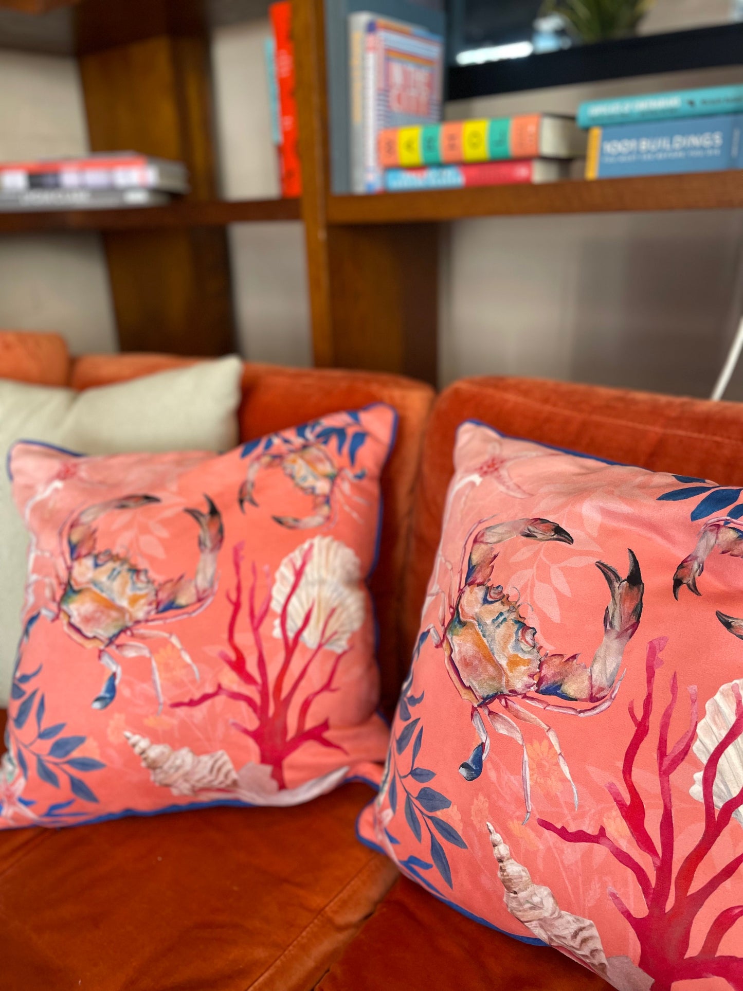 Coral watercolour art Cushion 'Pure shores' double sided design with starfish illustration, made from Vegan friendly Suede Alice Acreman Silks