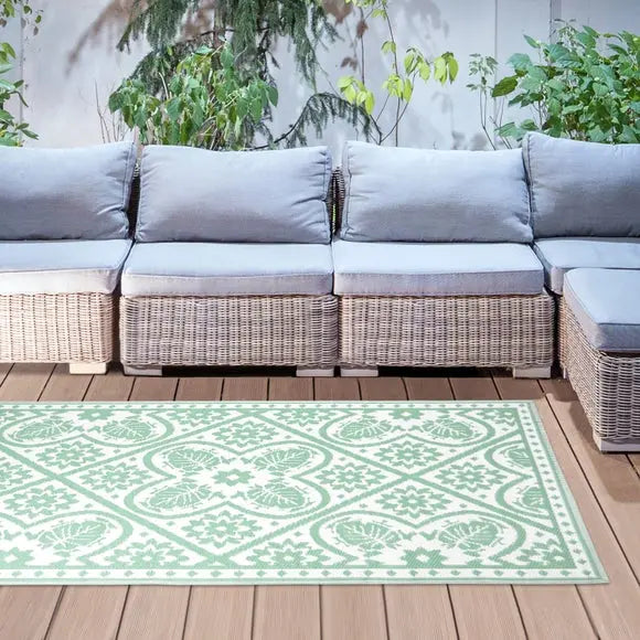 Fallen Fruits Green & White Tiles Outdoor Rug Dunelm