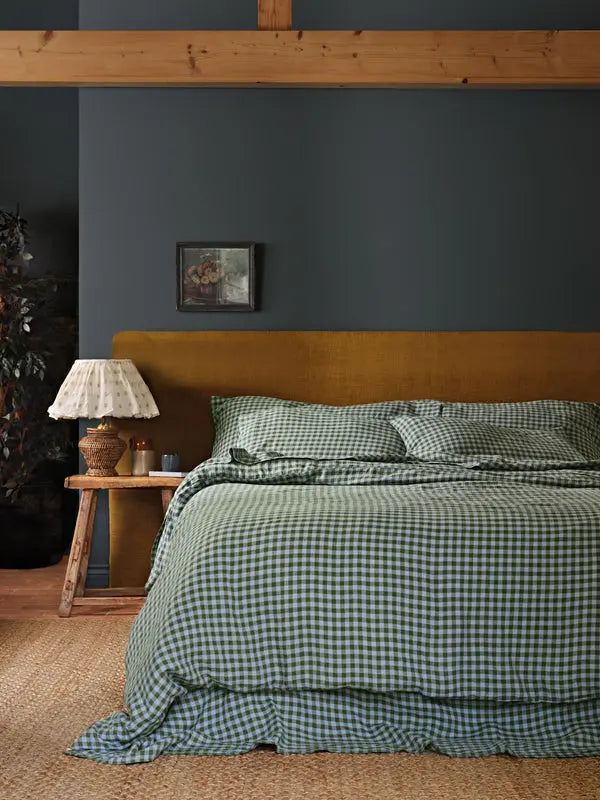 Fern Green & Dusk Blue Colour Drenched Gingham Linen Blend Duvet Cover Piglet