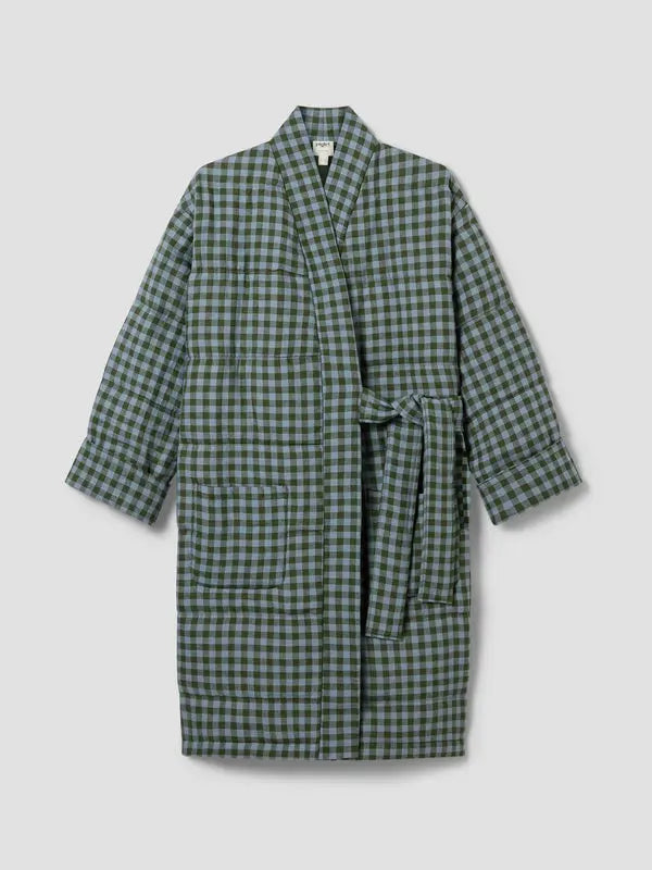 Fern Green & Dusk Blue Colour Drenched Gingham Linen Blend Housecoat Piglet