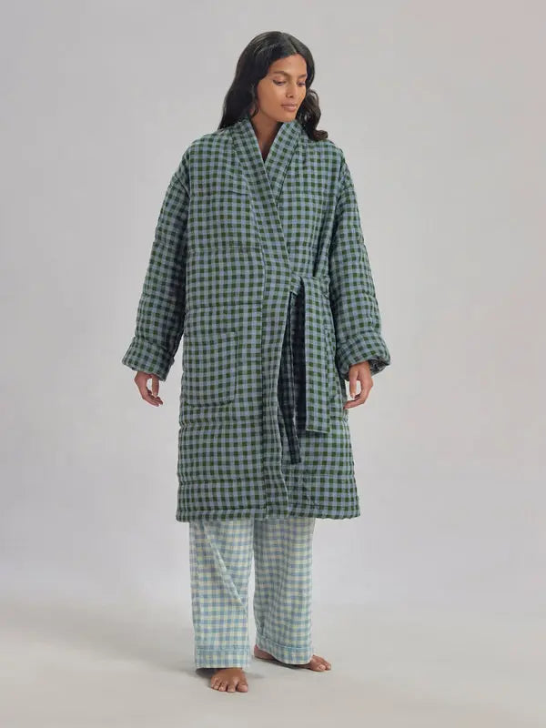 Fern Green & Dusk Blue Colour Drenched Gingham Linen Blend Housecoat Piglet