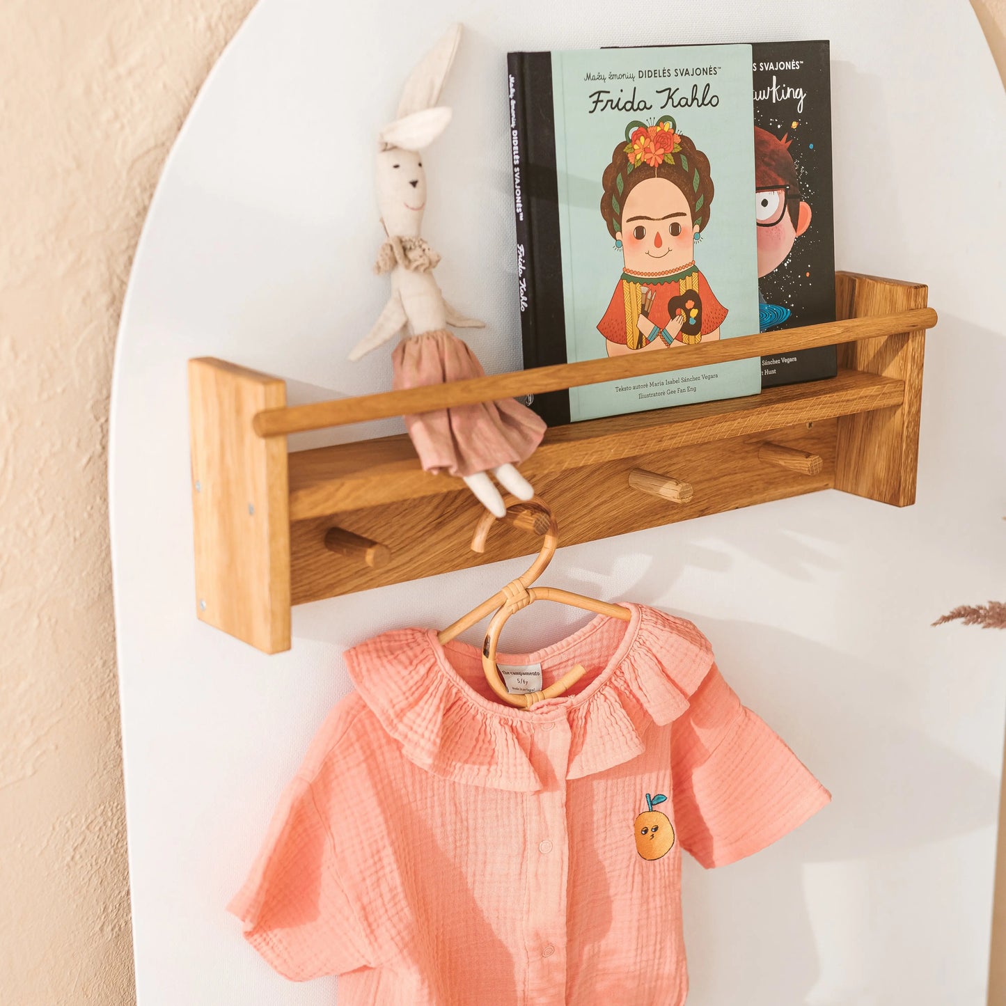 Floating Kids Bookshelf with Coat Hooks Made of Solid Oak MINICAMP