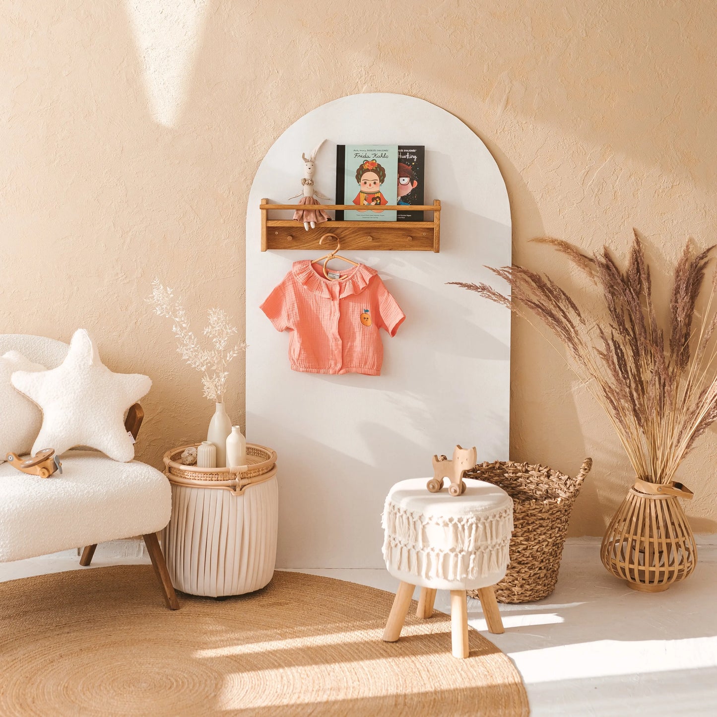 Floating Kids Bookshelf with Coat Hooks Made of Solid Oak MINICAMP