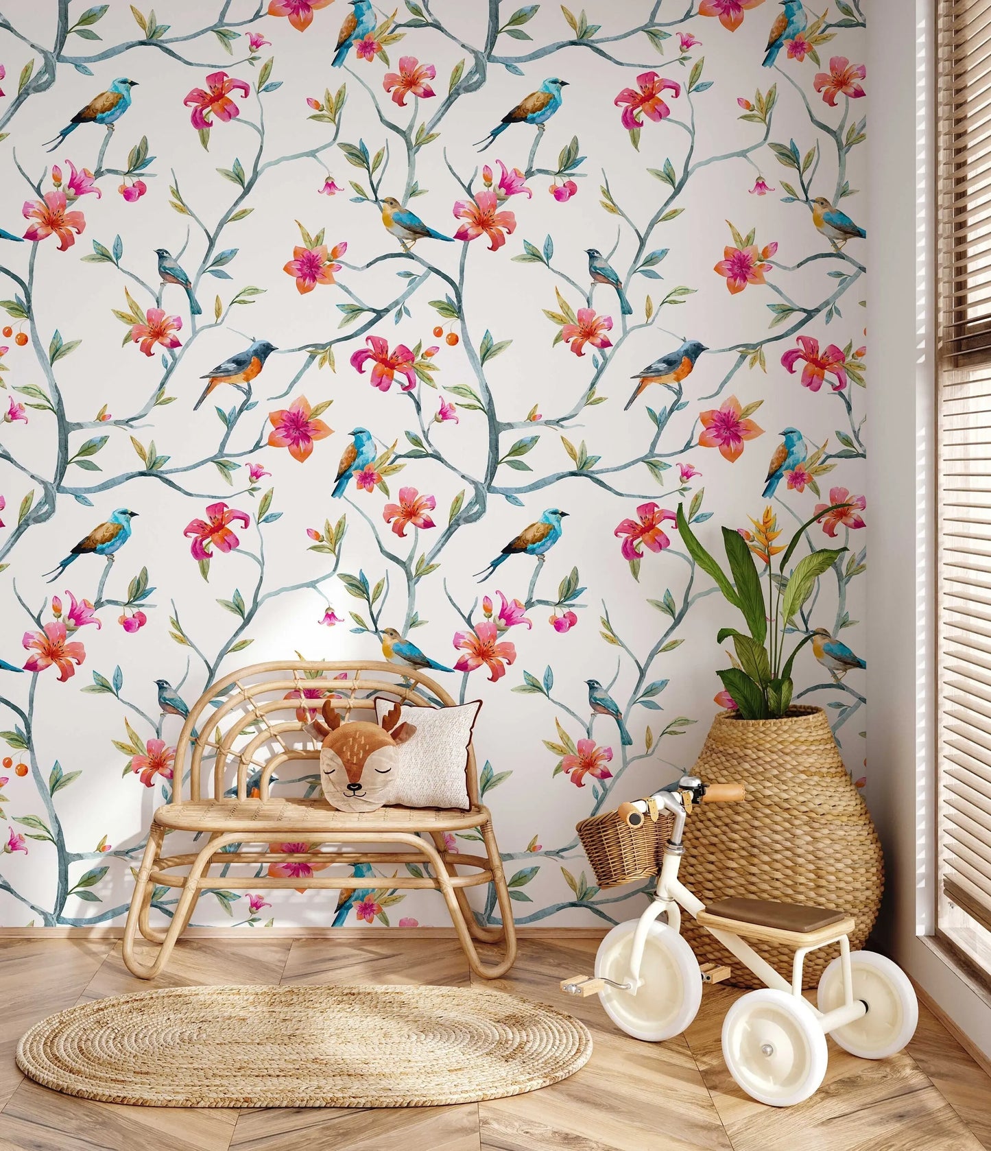 Floral Hummingbird Peel and Stick Wallpaper | Floral Wallpaper | Hummingbird Wallpaper | Vintage Look Wallpaper | Floral Home Decor ClickWalls