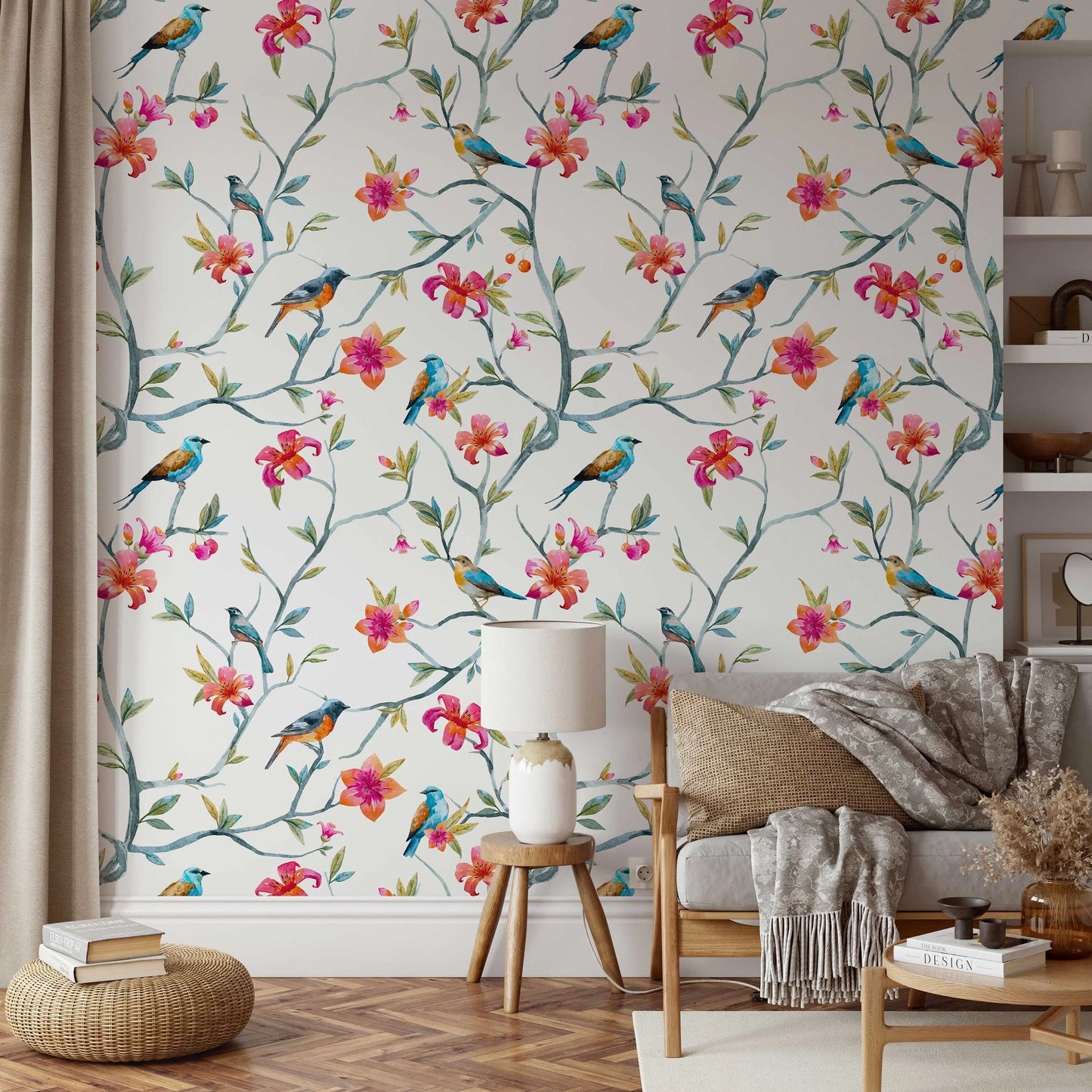 Floral Hummingbird Peel and Stick Wallpaper | Floral Wallpaper | Hummingbird Wallpaper | Vintage Look Wallpaper | Floral Home Decor ClickWalls