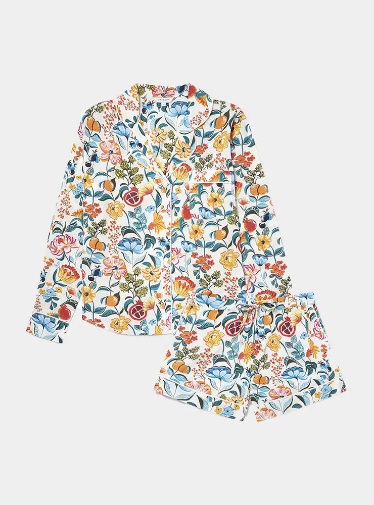 Floral on White Women's Long Sleeve Organic Cotton Pyjama Short Set Myza