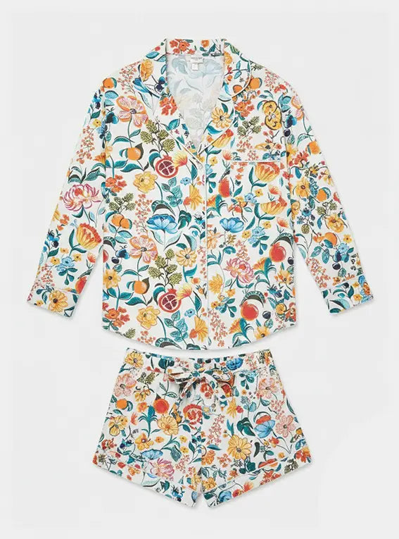 Floral on White Women's Long Sleeve Organic Cotton Pyjama Short Set Myza