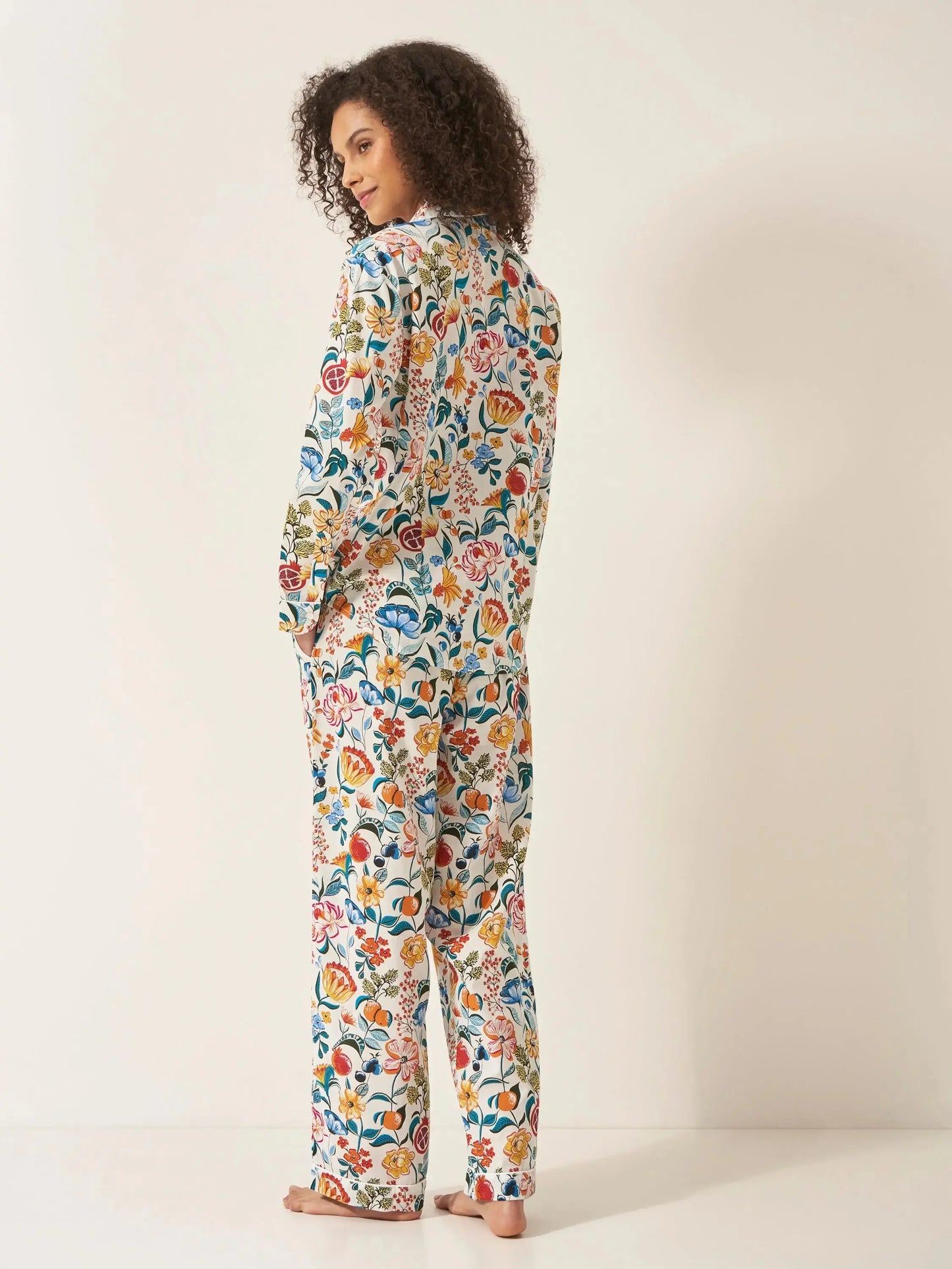 Florals on White Women's Long Sleeve Organic Cotton Pyjama Trouser Set Myza