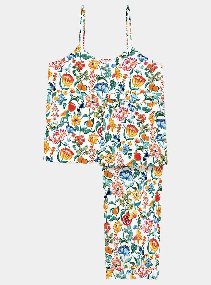 Florals on White Women's Organic Cotton Cami Trouser Set Myza