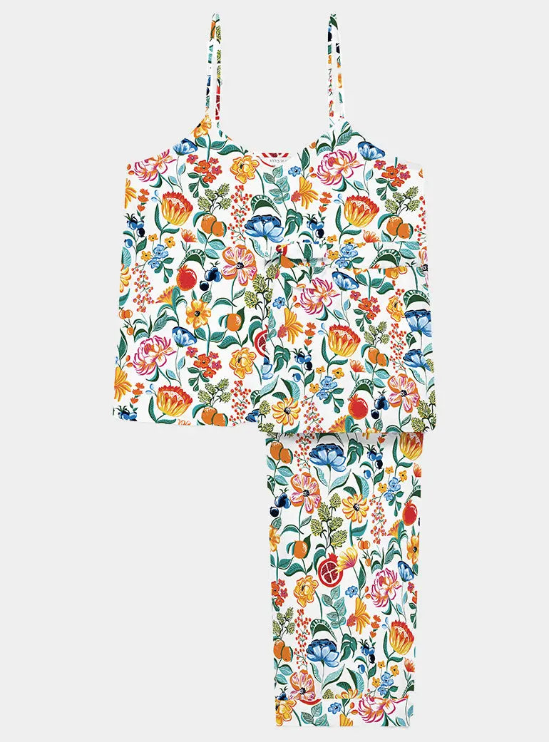 Florals on White Women's Organic Cotton Cami Trouser Set Myza