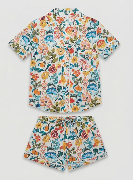 Florals on White Women's Short Sleeve Organic Cotton Pyjama Short Set Myza