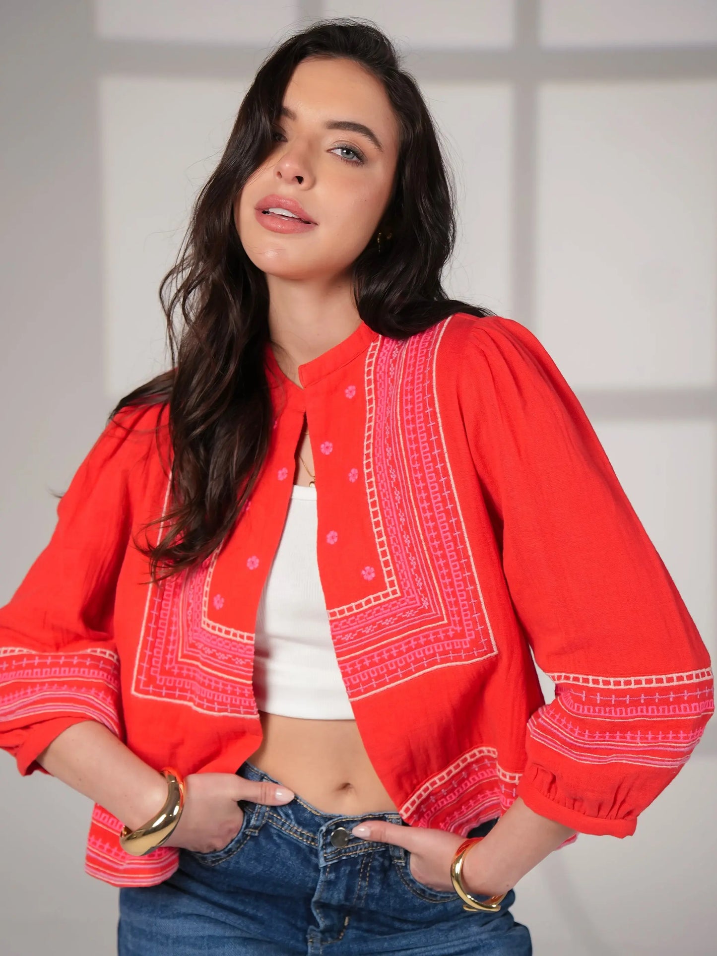 Florence Coral Red Embroidered Easy Throw-On Jacket Rose & Nancy