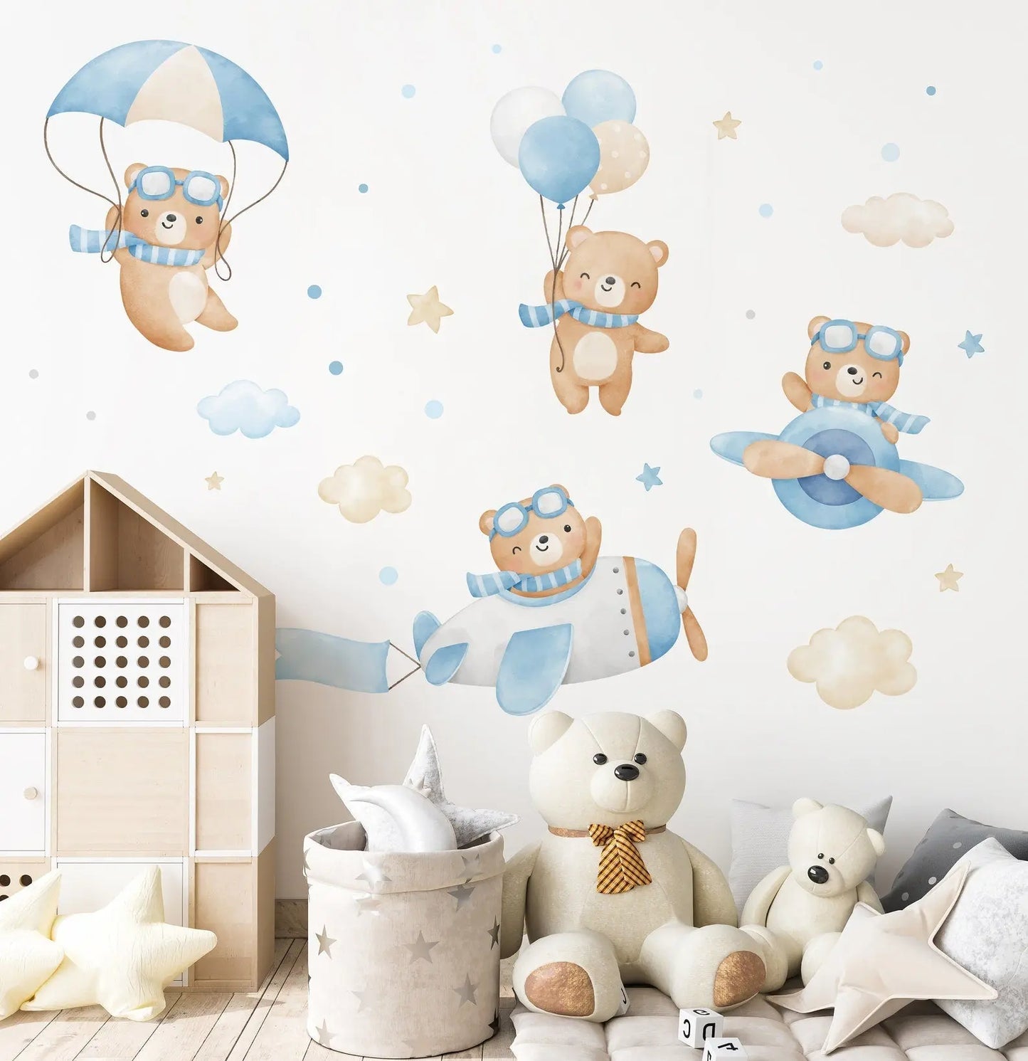 Flying Bears Wall Decals | Nursery Bear Wall Decal | Airplane Wall Decal | Boys Girls Room Decal | Blue and Pink Watercolor Bear Decal ClickWalls