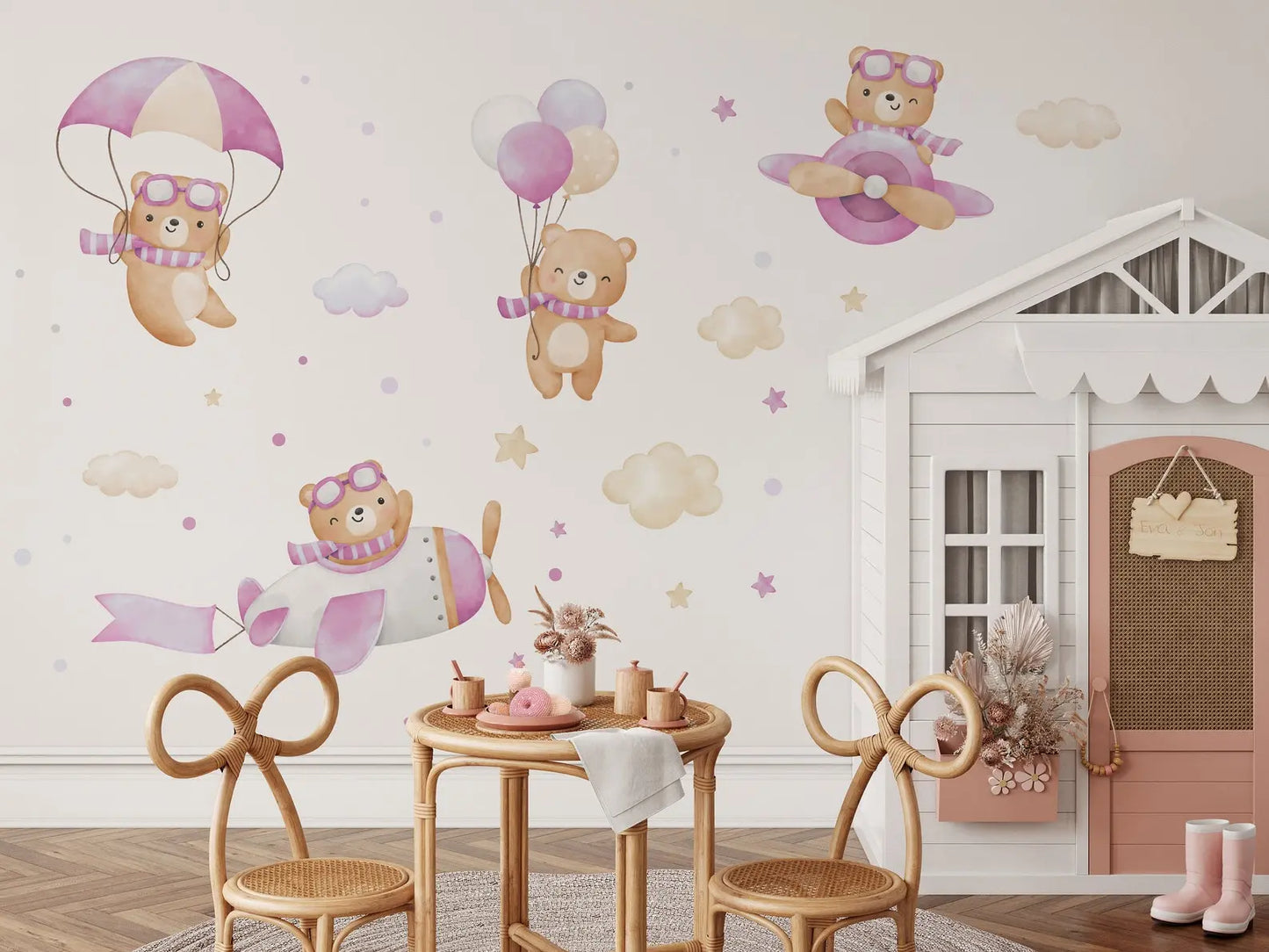Flying Bears Wall Decals | Nursery Bear Wall Decal | Airplane Wall Decal | Boys Girls Room Decal | Blue and Pink Watercolor Bear Decal ClickWalls