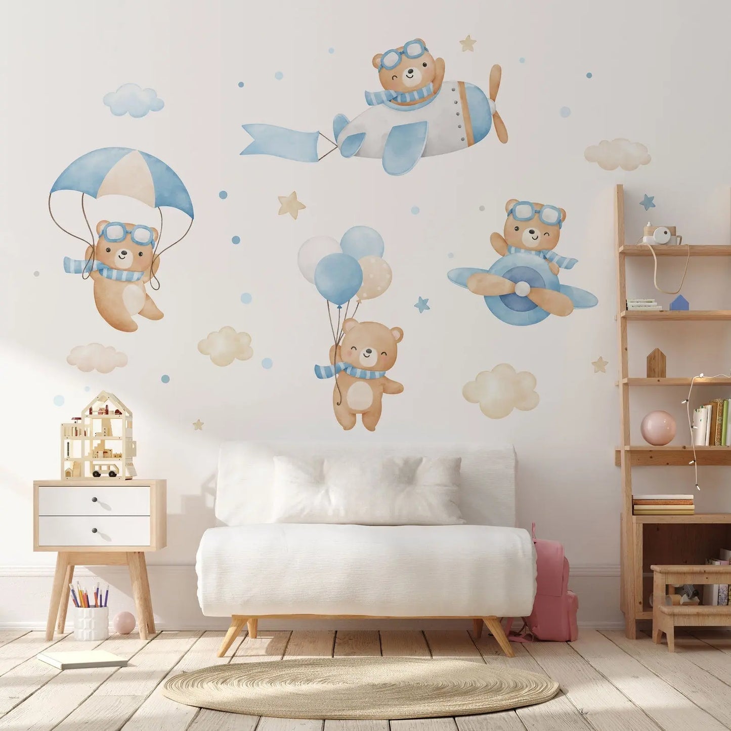 Flying Bears Wall Decals | Nursery Bear Wall Decal | Airplane Wall Decal | Boys Girls Room Decal | Blue and Pink Watercolor Bear Decal ClickWalls