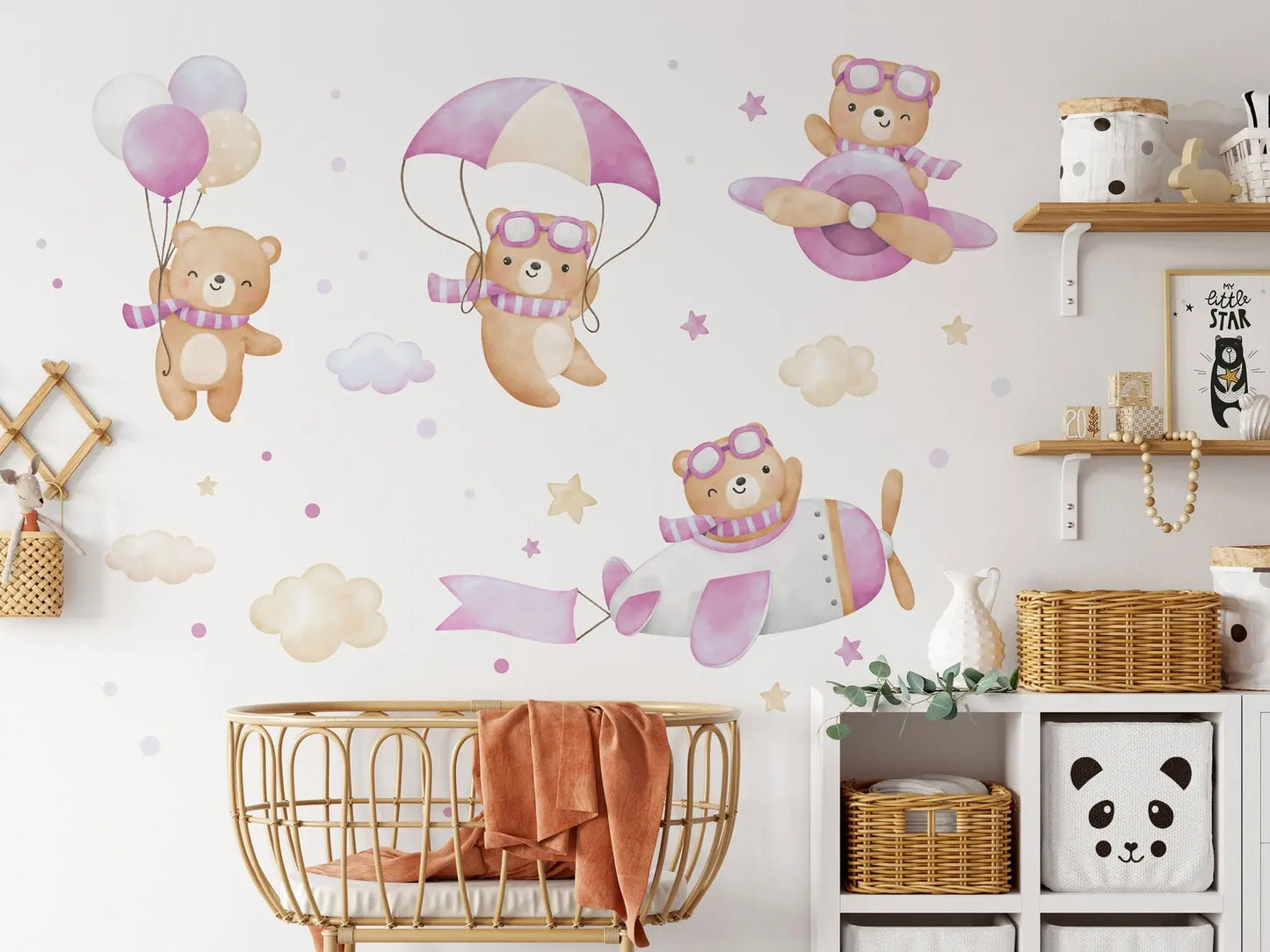 Flying Bears Wall Decals | Nursery Bear Wall Decal | Airplane Wall Decal | Boys Girls Room Decal | Blue and Pink Watercolor Bear Decal ClickWalls