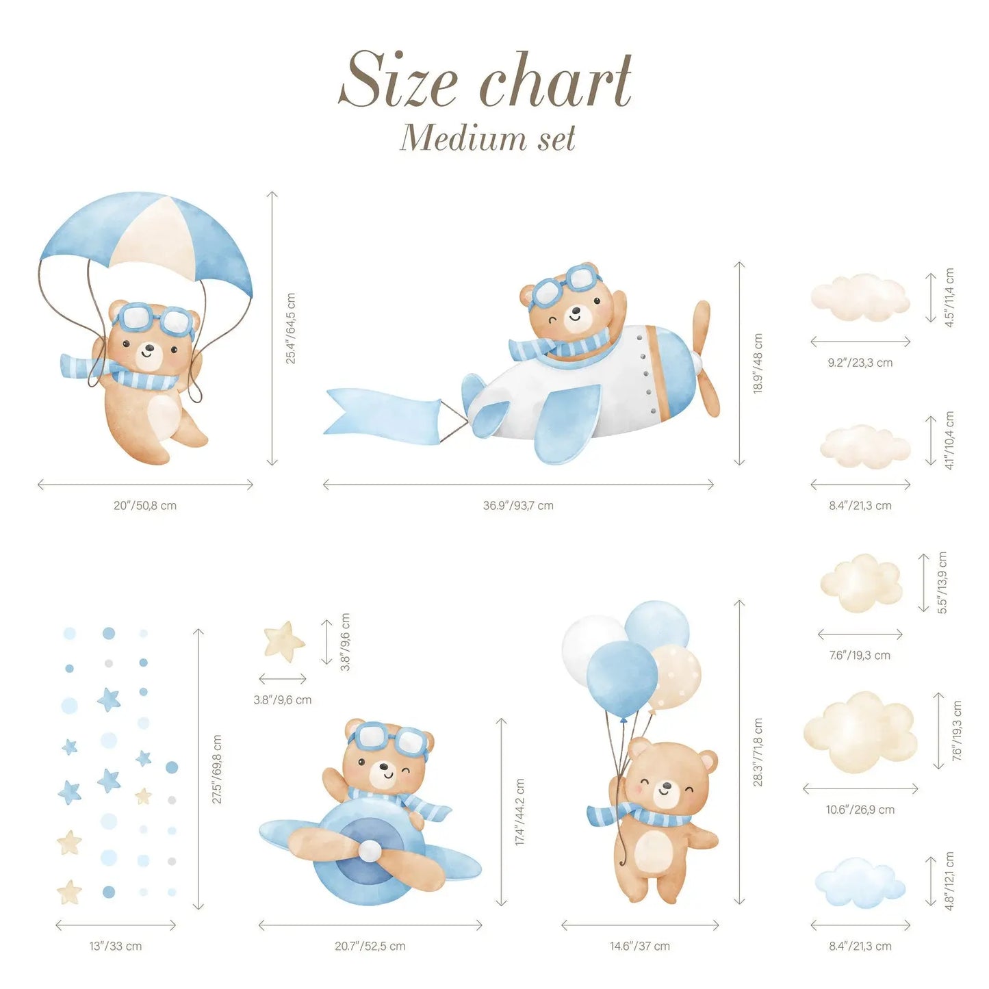 Flying Bears Wall Decals | Nursery Bear Wall Decal | Airplane Wall Decal | Boys Girls Room Decal | Blue and Pink Watercolor Bear Decal ClickWalls