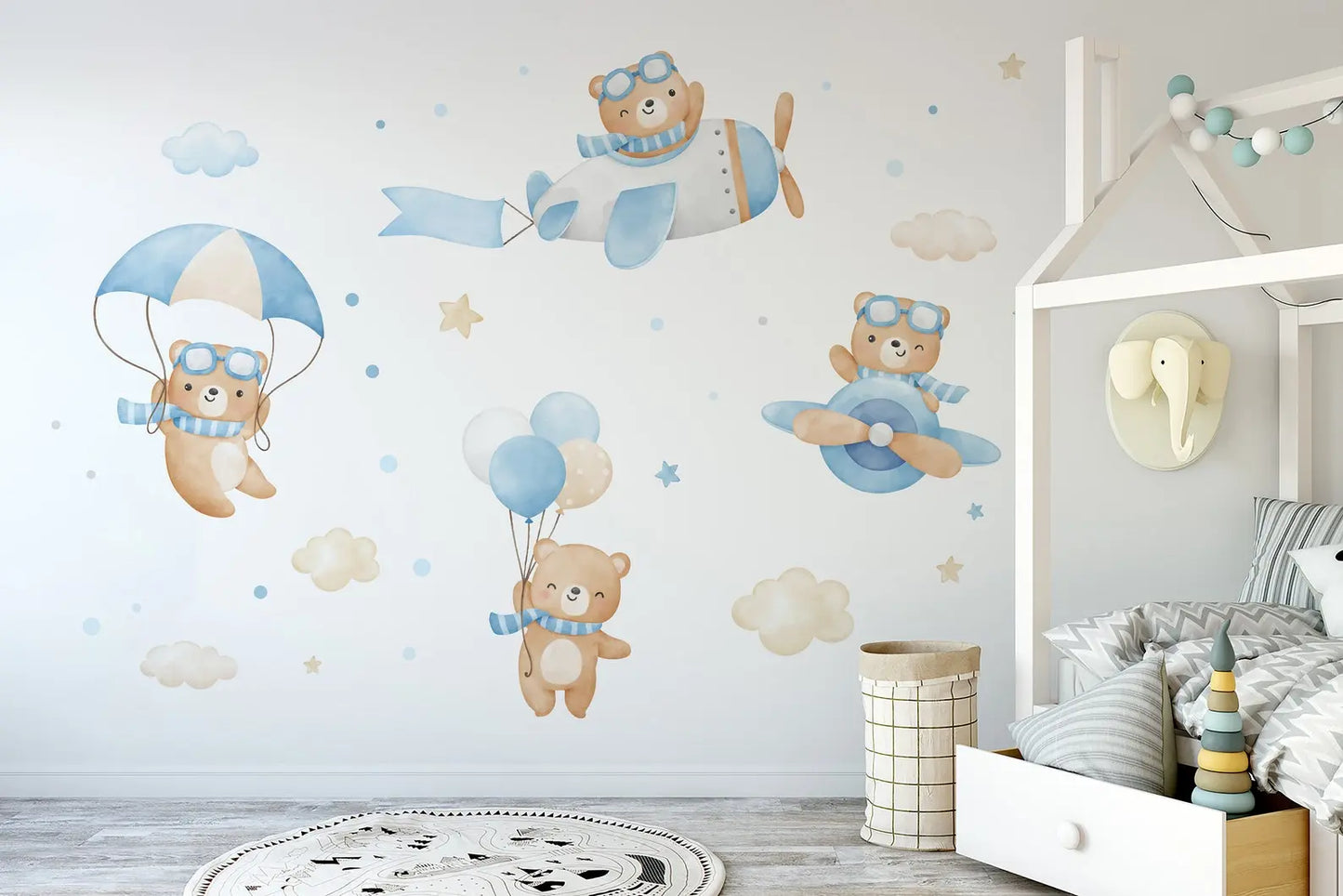 Flying Bears Wall Decals | Nursery Bear Wall Decal | Airplane Wall Decal | Boys Girls Room Decal | Blue and Pink Watercolor Bear Decal ClickWalls