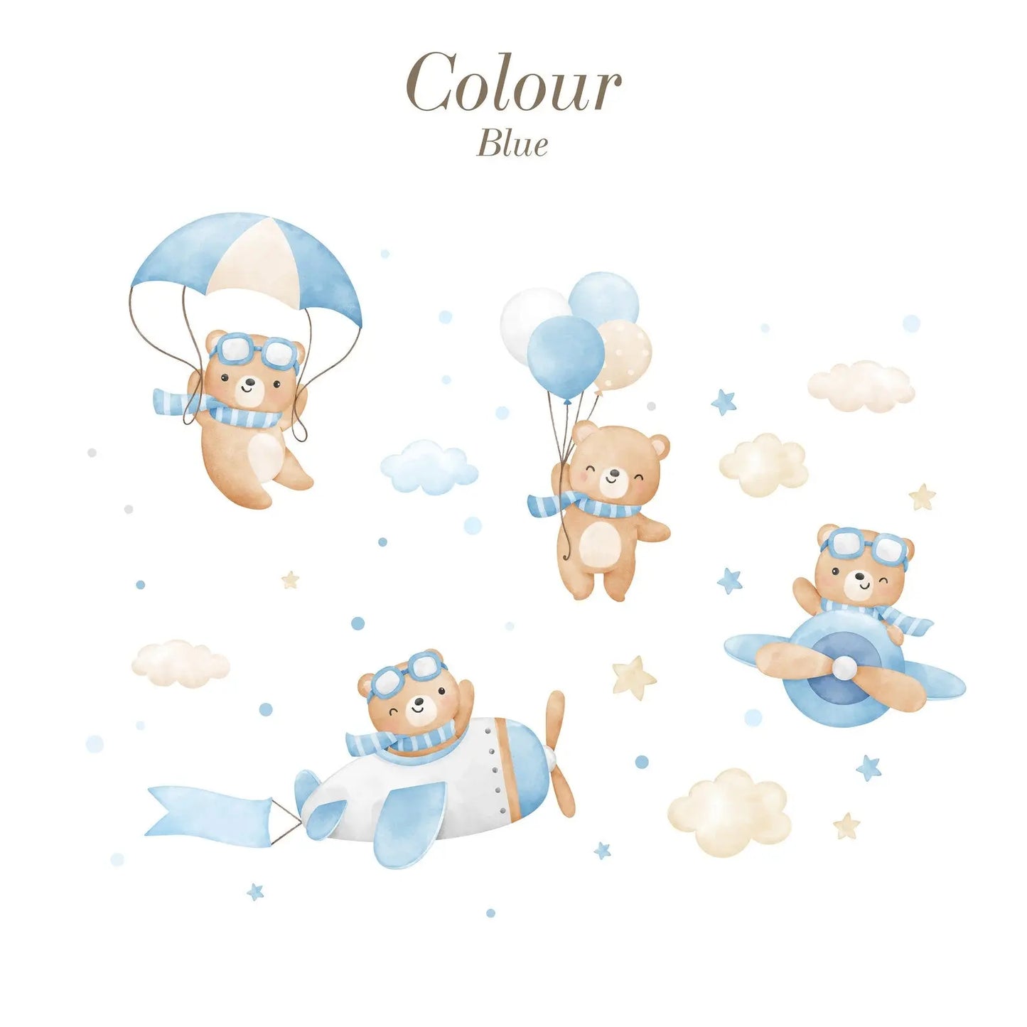 Flying Bears Wall Decals | Nursery Bear Wall Decal | Airplane Wall Decal | Boys Girls Room Decal | Blue and Pink Watercolor Bear Decal ClickWalls
