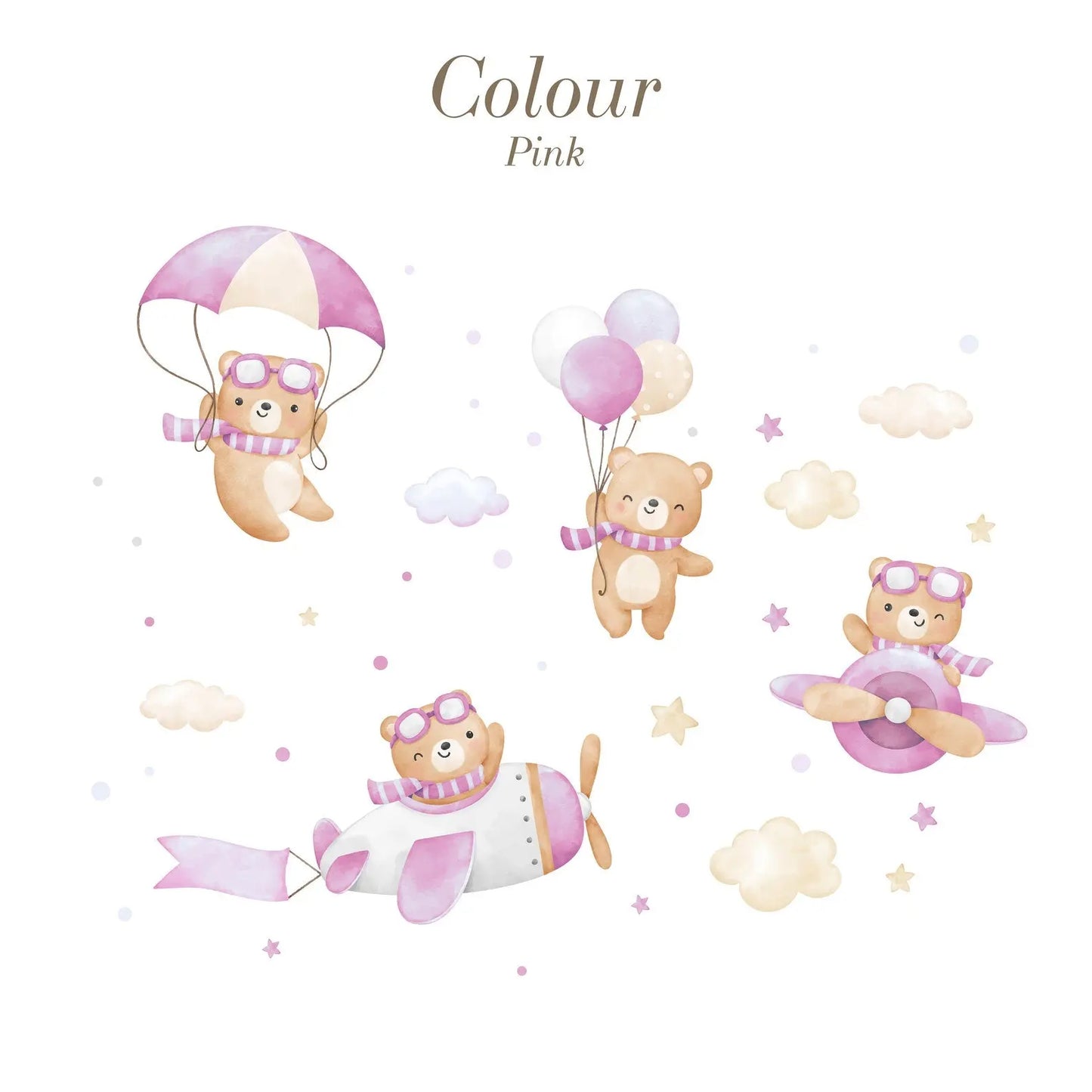 Flying Bears Wall Decals | Nursery Bear Wall Decal | Airplane Wall Decal | Boys Girls Room Decal | Blue and Pink Watercolor Bear Decal ClickWalls
