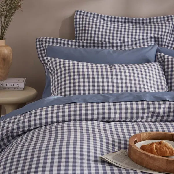 Folkstone Blue Portloe Woven Gingham Duvet Cover & Pillowcase Set Dunelm