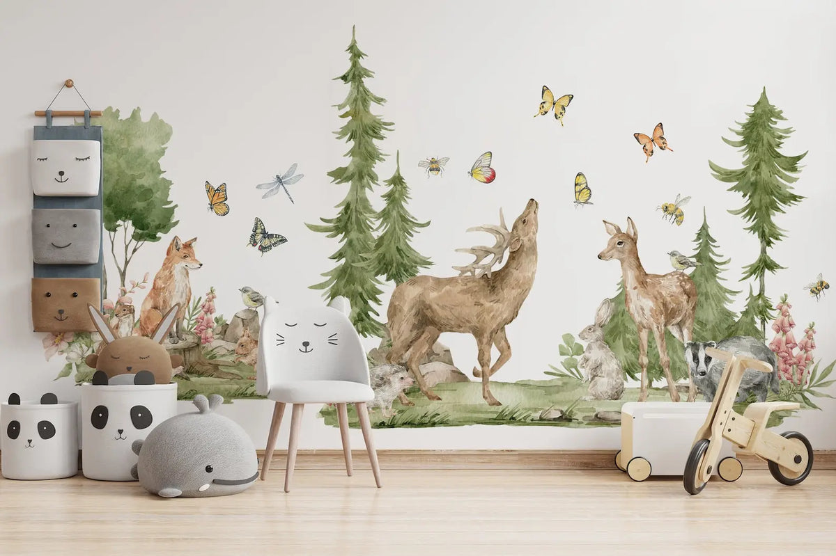 Forest Animals Wall Decal | Cute Animals with Big Trees Wall Sticker | Nursery Watercolor Forest Animals Wall Decals ClickWalls