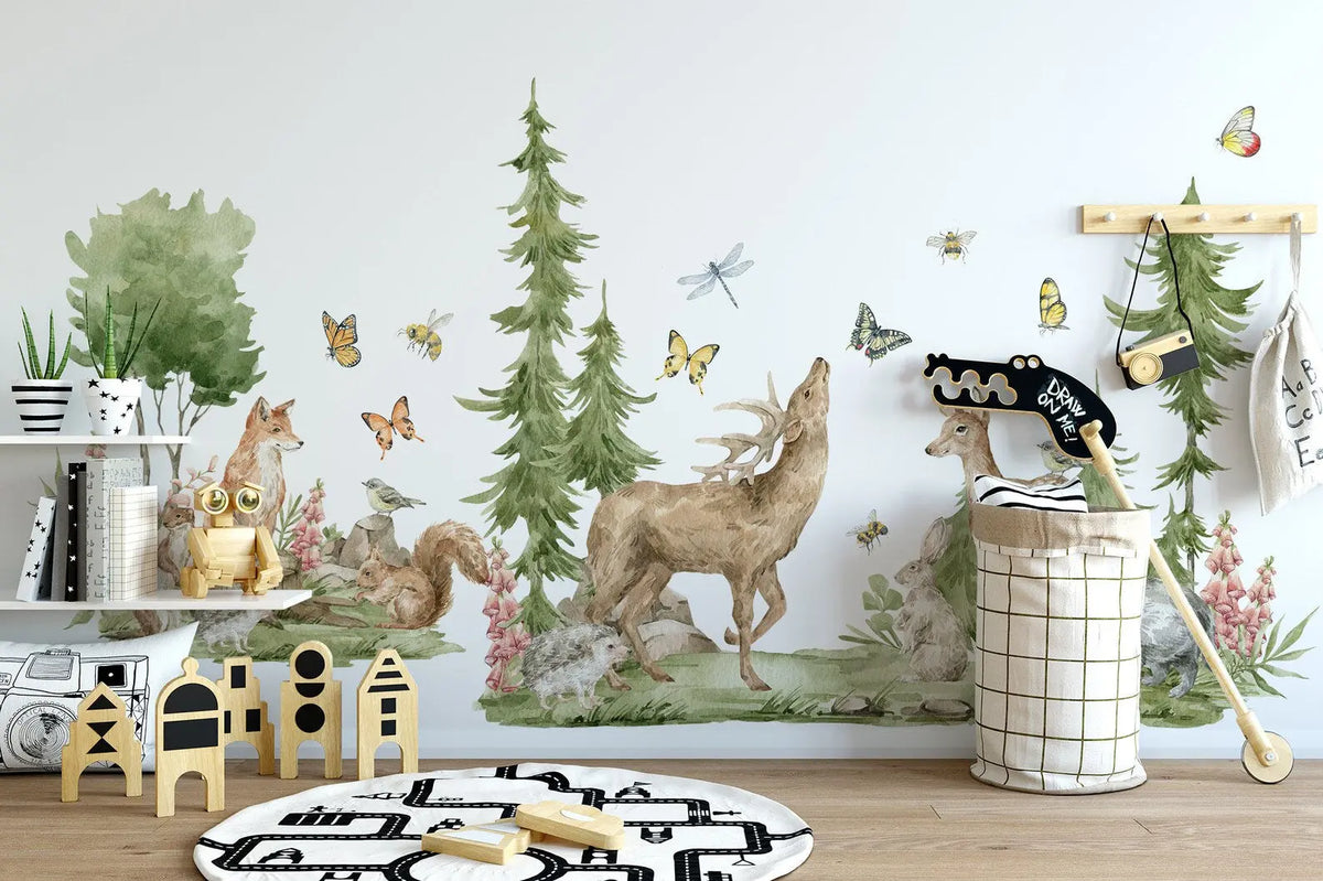 Forest Animals Wall Decal | Cute Animals with Big Trees Wall Sticker | Nursery Watercolor Forest Animals Wall Decals ClickWalls
