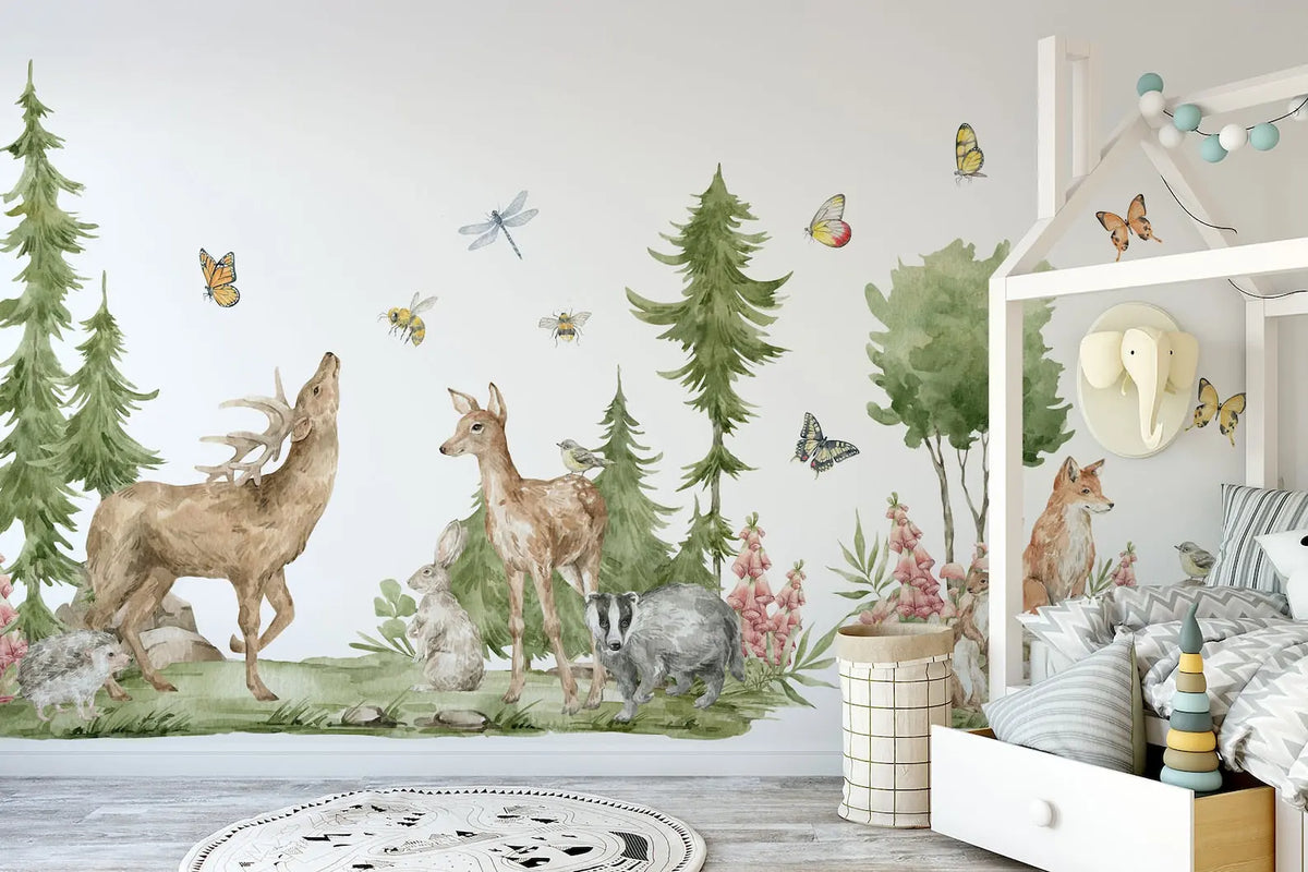Forest Animals Wall Decal | Cute Animals with Big Trees Wall Sticker | Nursery Watercolor Forest Animals Wall Decals ClickWalls