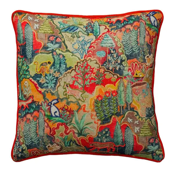 Forest Multi, Sustainable Feather, Cushion, Forest Linen & Linen Blend Embroidered & Animal & Floral Andrew Martin