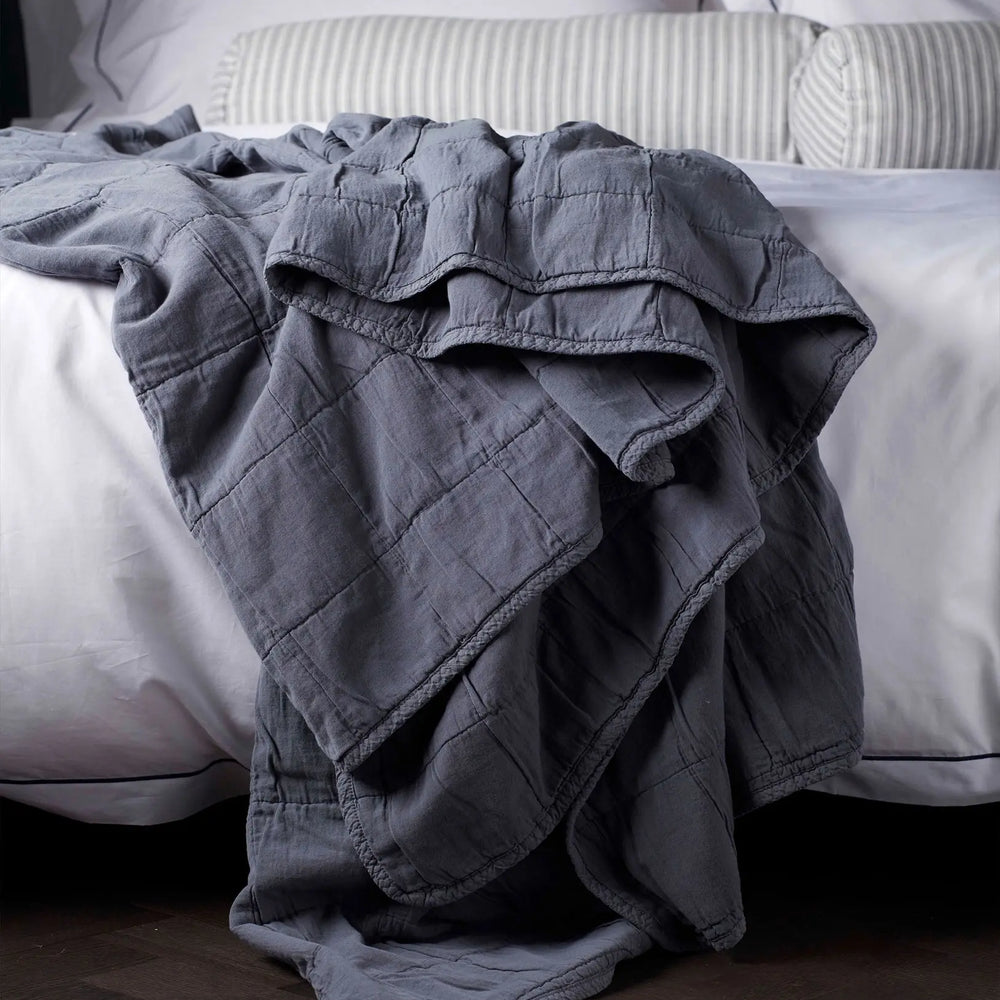 French Blue Finn 100% Cotton Quilted Throw The Secret Linen Store