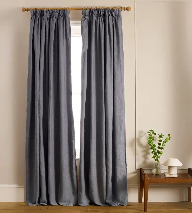 French Blue Twill Cotton Linen Blackout Pencil Pleat Curtains (Pair) The Secret Linen Store