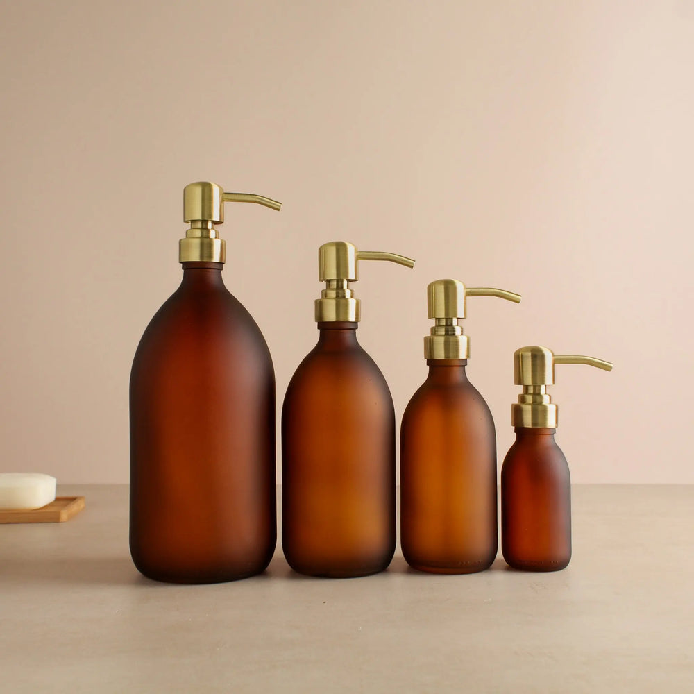 Frosted Amber Glass Dispenser Bottle With Gold Pump Namie Home