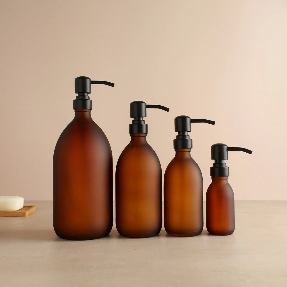 Frosted Amber Glass Dispenser Bottle With Matte Black Pump Namie Home