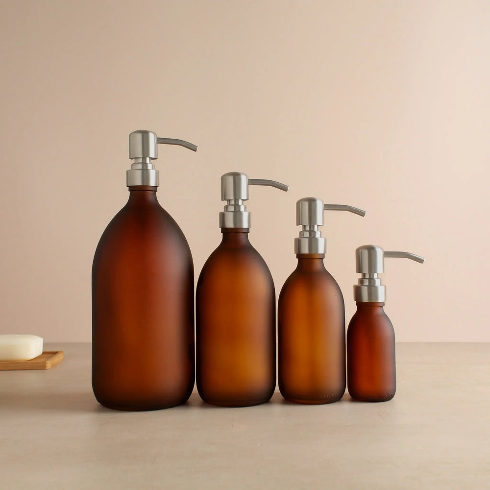 Frosted Amber Glass Dispenser Bottle With Silver Pump Namie Home