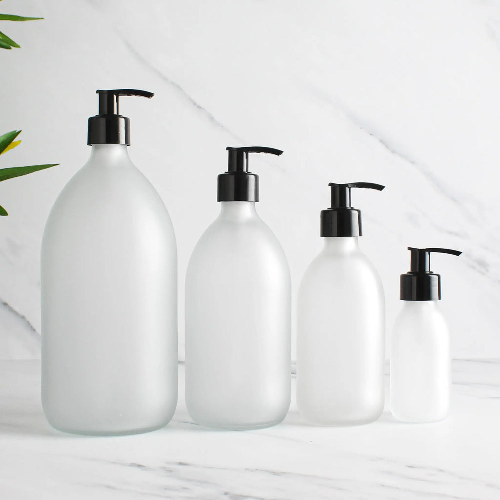Frosted White Glass Dispenser Bottle With Black Pump Namie Home