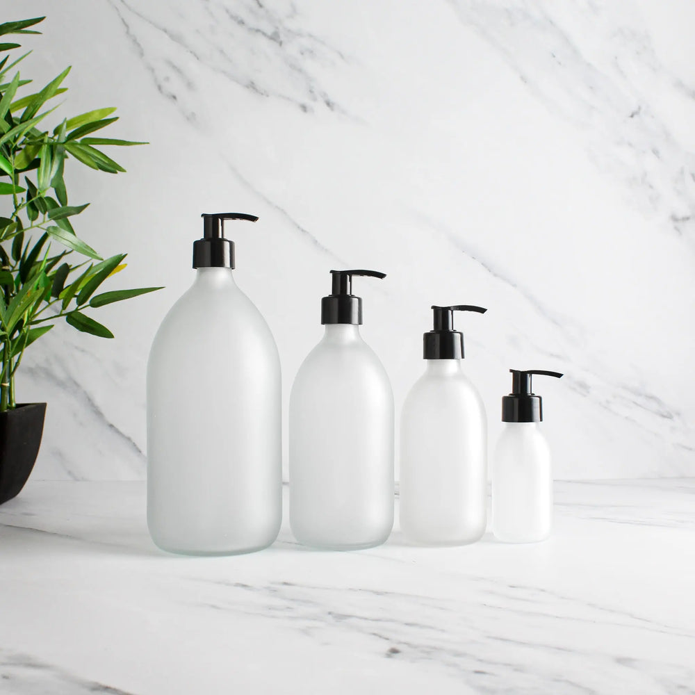 Frosted White Glass Dispenser Bottle With Black Pump Namie Home