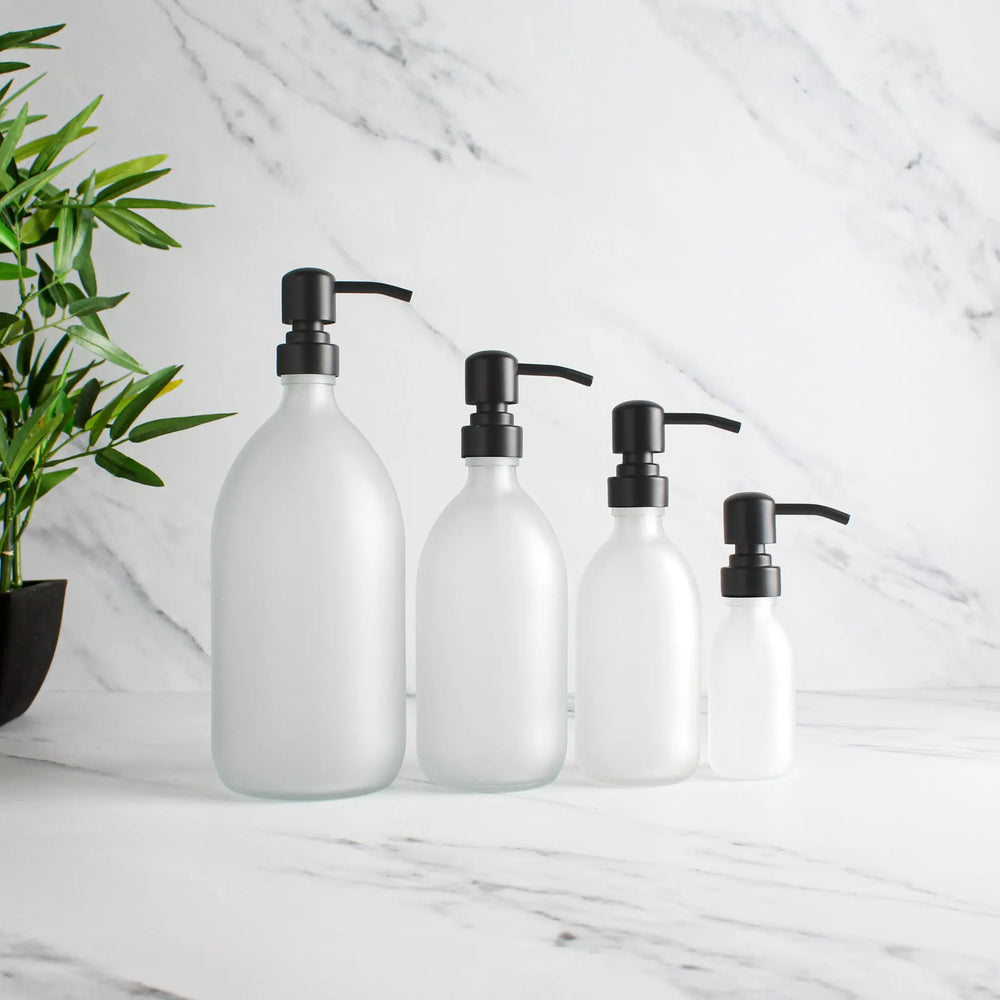 Frosted White Glass Dispenser Bottle With Matte Black Pump Namie Home