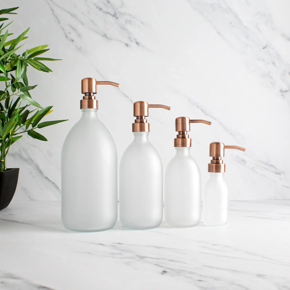 Frosted White Glass Dispenser Bottle With Rose Gold Pump Namie Home
