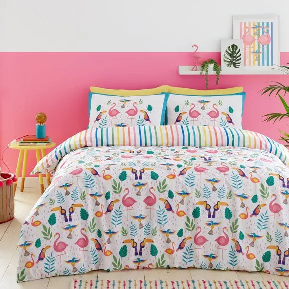 Fusion Tropical Flamingo Reversible Duvet Cover and Pillowcase Set Dunelm