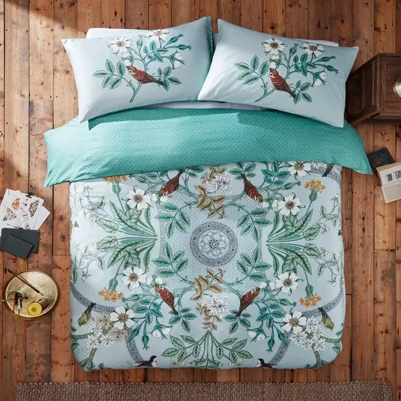 Garden Birds Sage Cotton Duvet Cover and Pillowcase Set Dunelm