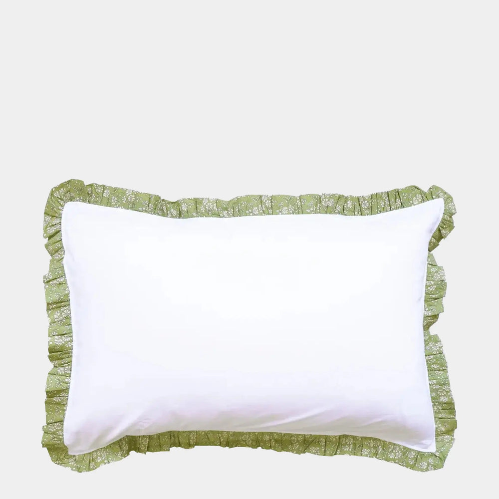 Gathered Edge Pillowcase in White With Liberty Fabric CAPEL PISTACHIO Coco & Wolf