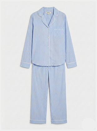 Blue Stripe Women's Long Sleeve Organic Cotton Pyjama Trouser Set