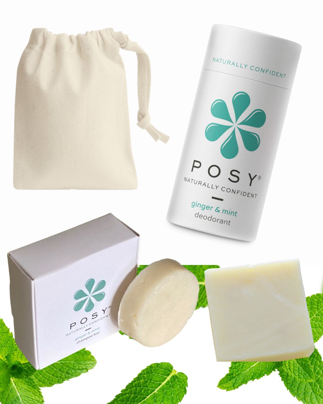 Deodorant, shampoo & conditioner bar cotton bag bundle Posy London Natural Deodorant, Skin & Hair Products