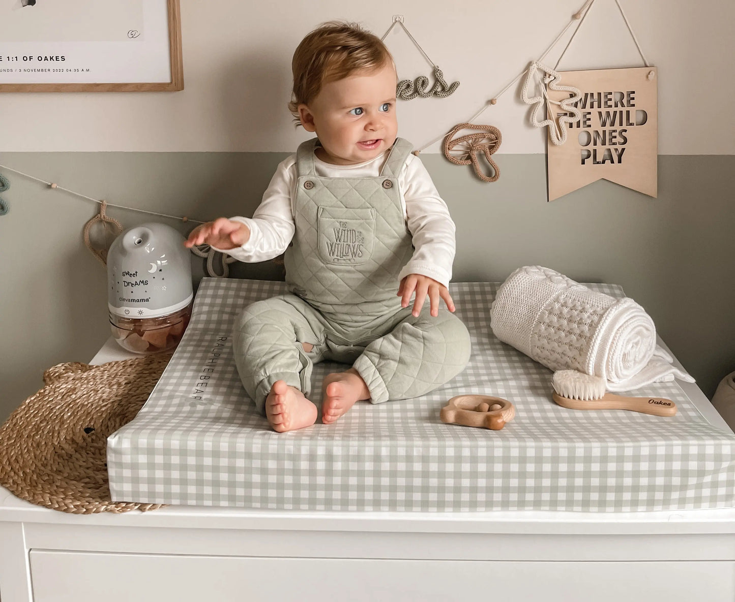 Gingham Sage Green Anti Roll Wedge Baby Changing Mat Ralphie Bear
