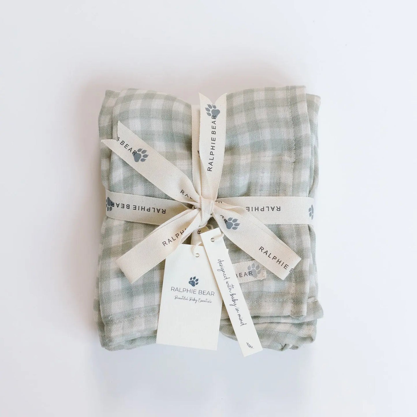 Gingham Sage Large Swaddle Muslin Ralphie Bear