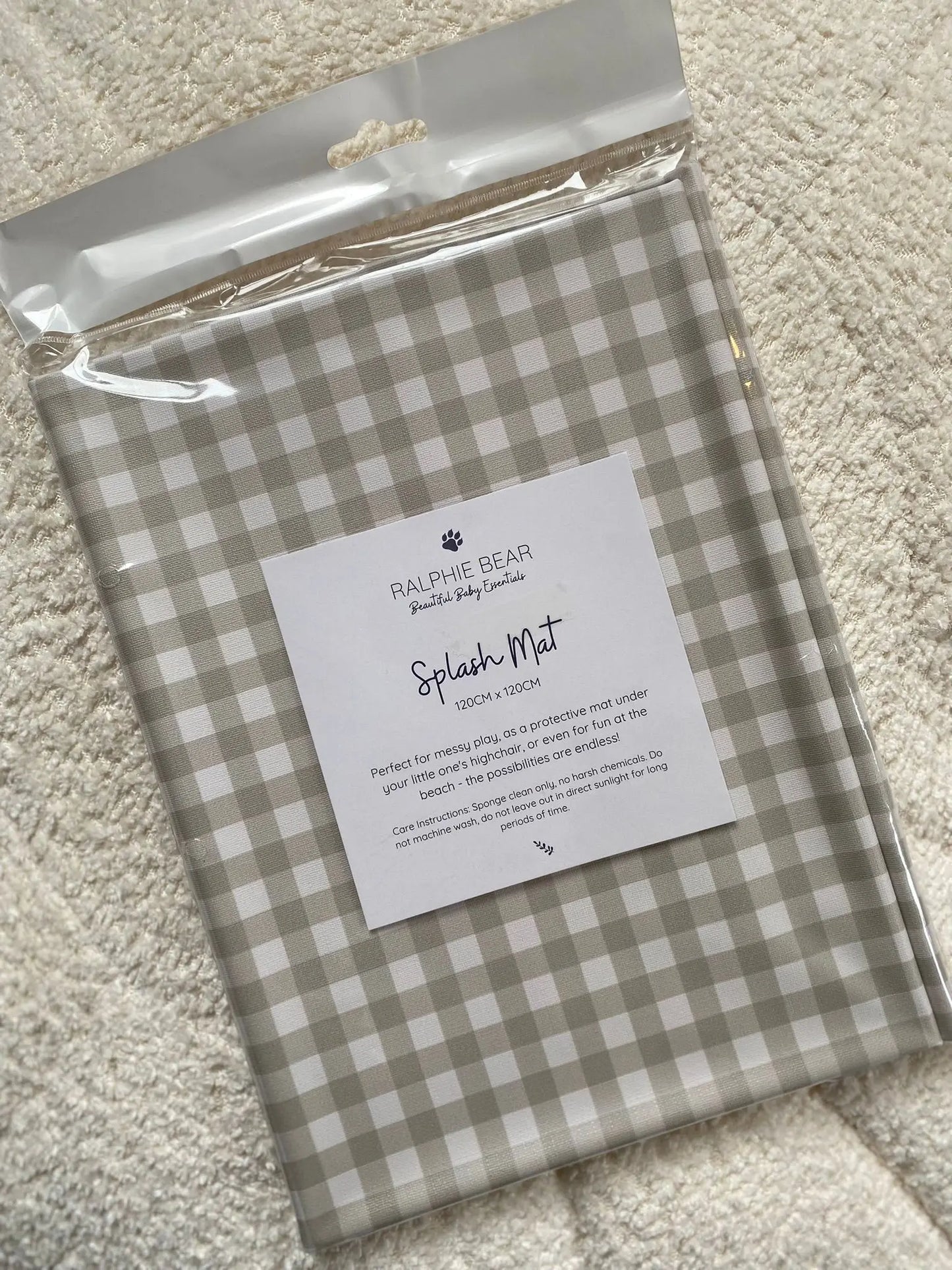 Gingham Sage Splash Mat Ralphie Bear