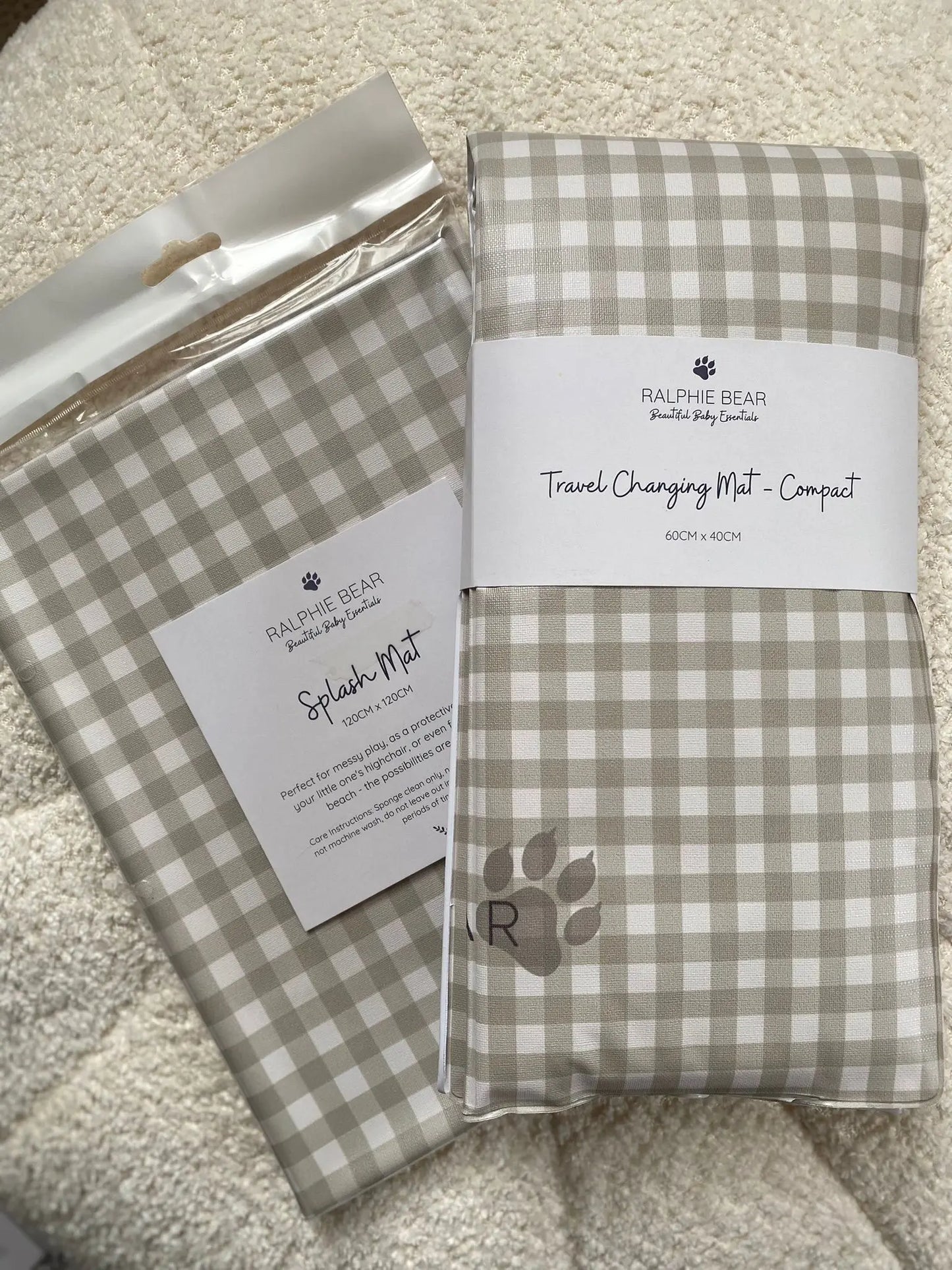 Gingham Sage Splash Mat Ralphie Bear