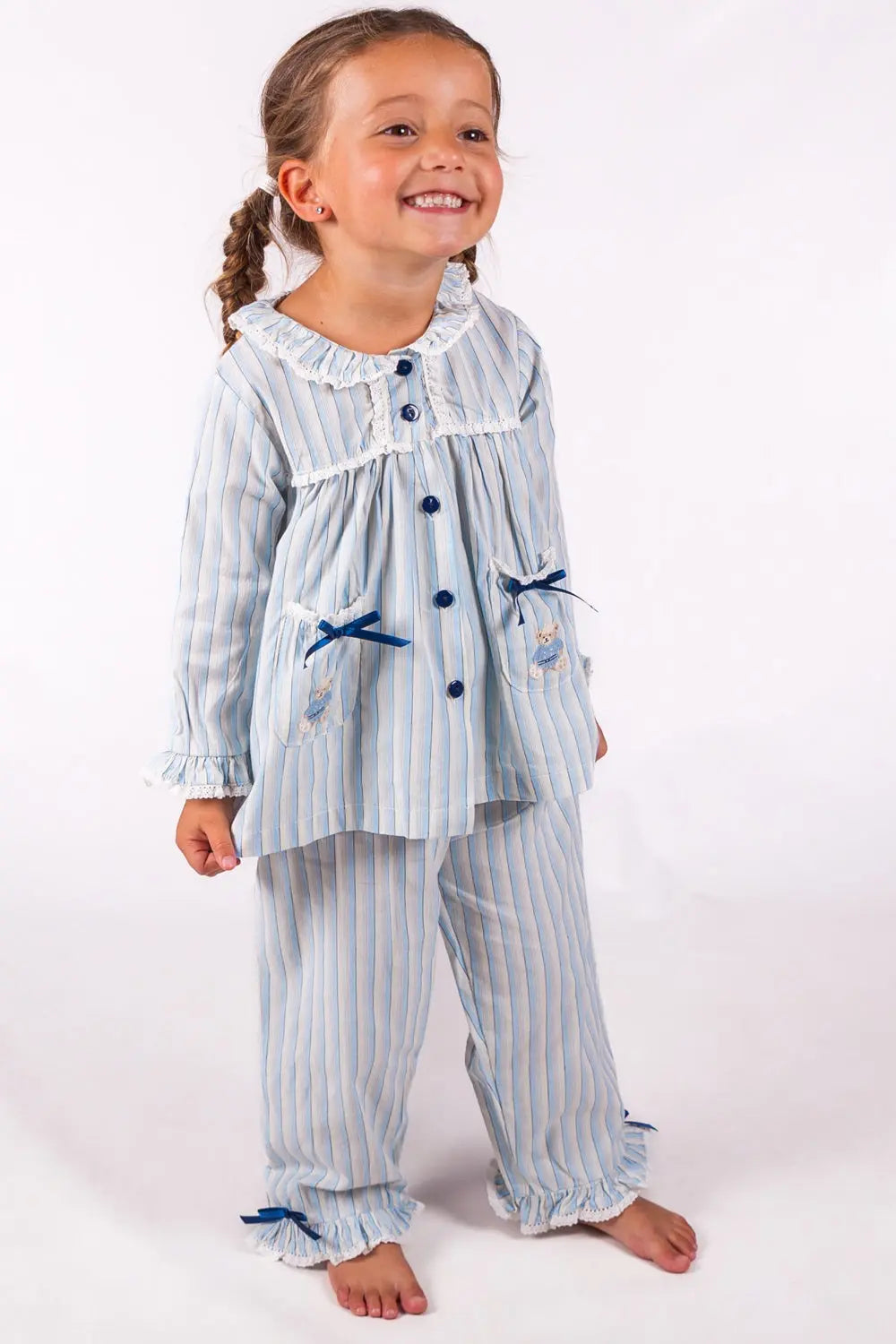 Girls Blue Stripe Teddy Pyjama Trouser Set BEAU KiD