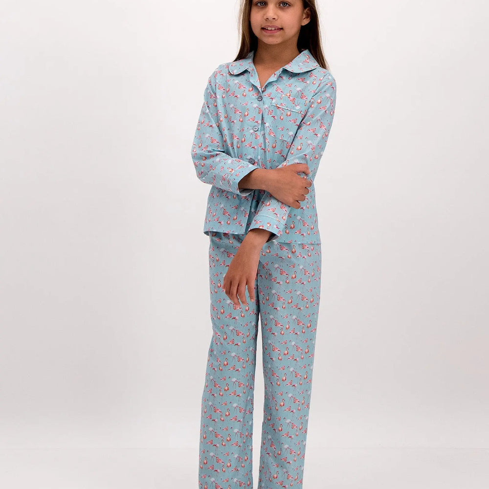 Girls Long Pyjamas - Blue Flamingos Woodstock Laundry