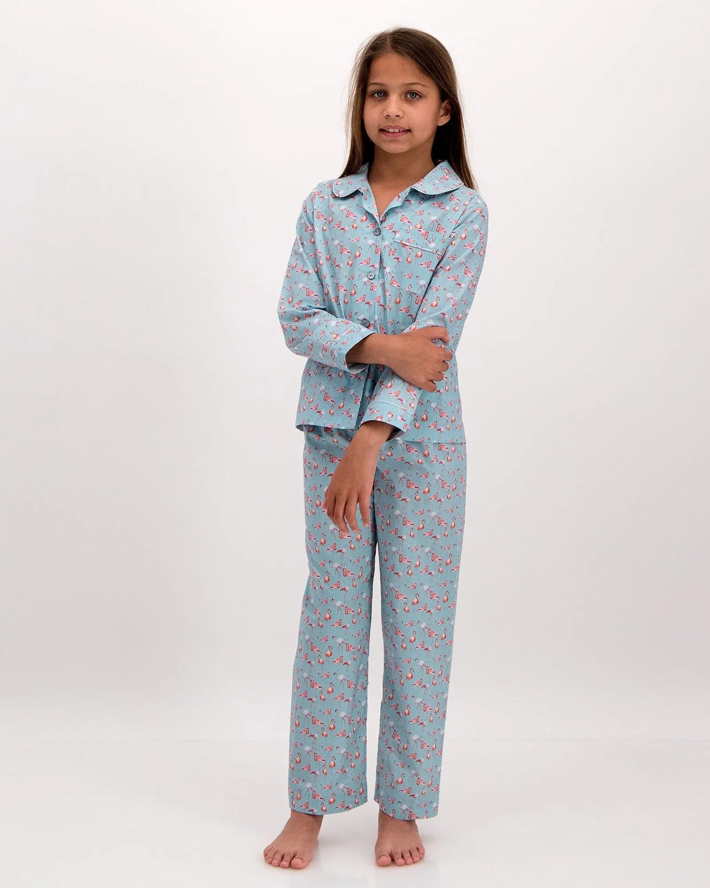 Girls Long Pyjamas - Blue Flamingos Woodstock Laundry